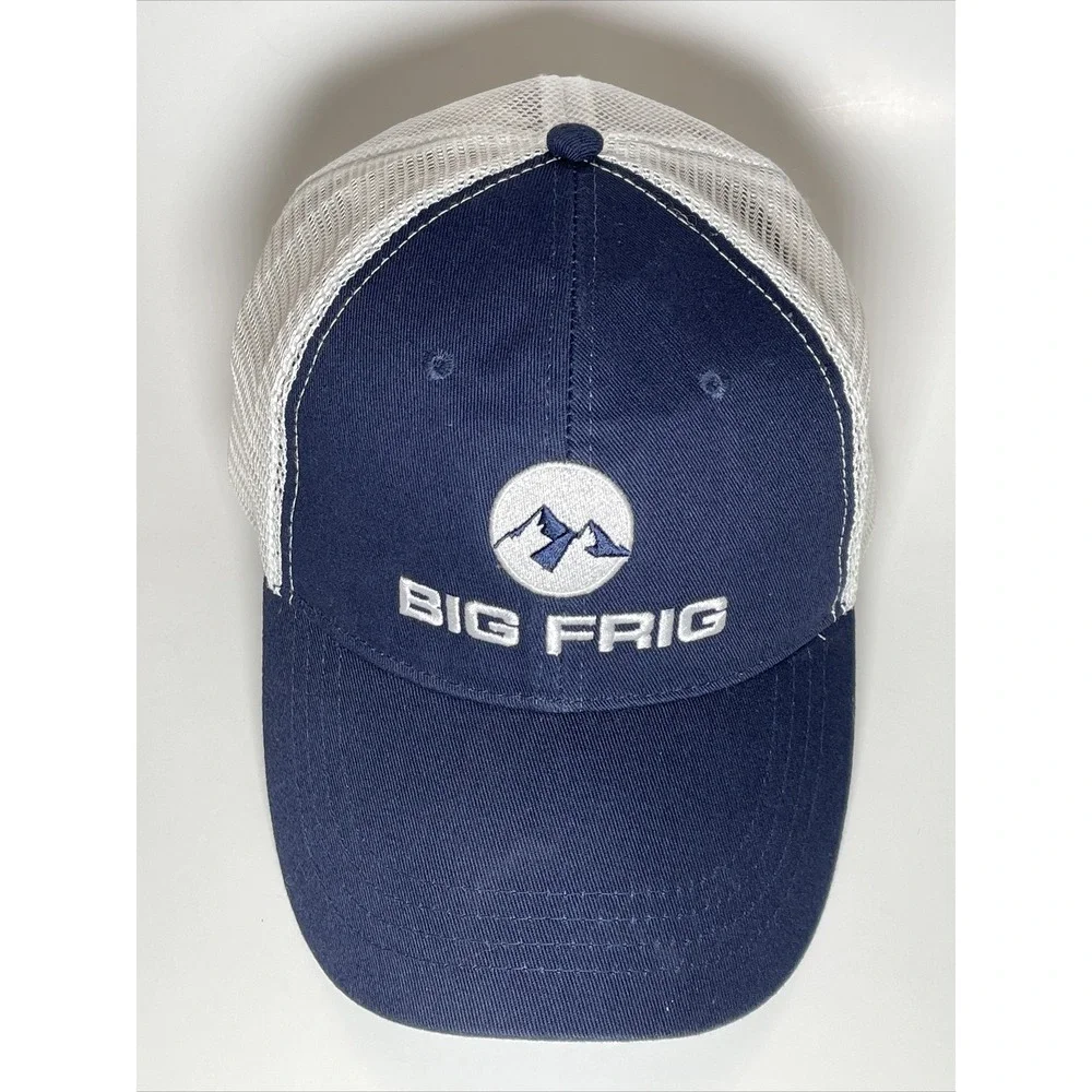 Big Frig Trucker Hat Navy Blue White Mesh Back Adjustable Snapback Mountain Logo